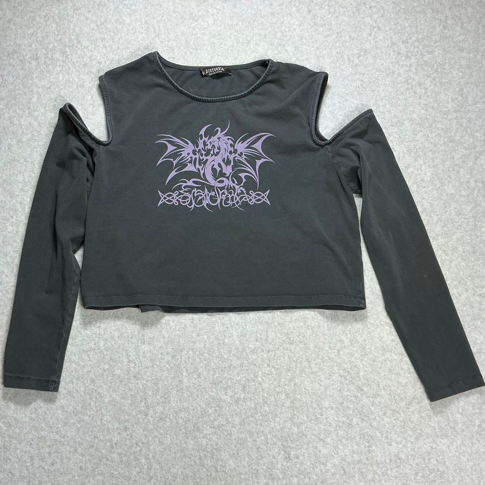 Disturbia Cold Shoulder Dragon Graphic Crop Top Black Purple US 16